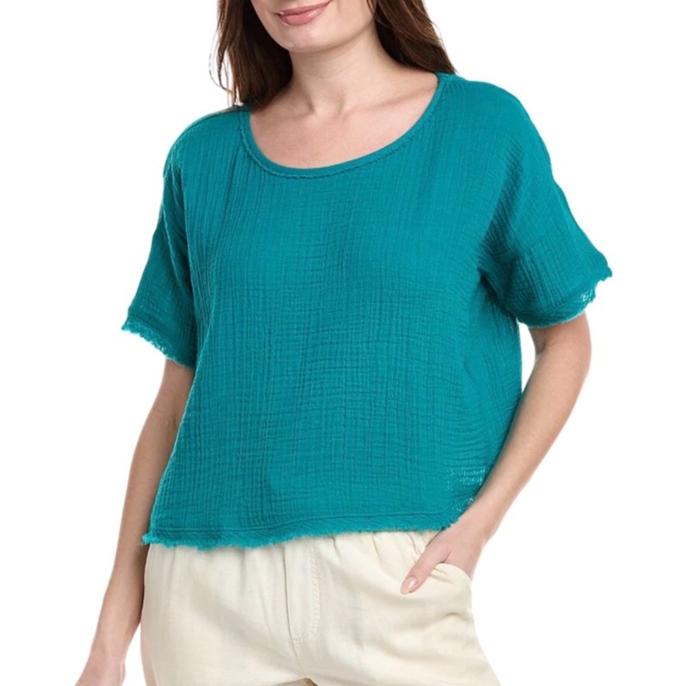 Eileen Fisher Organic Cotton Gauze Box Top Teal Lagenlook Minimalist Relaxed XS